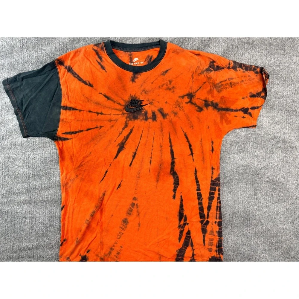 Nike Vintage Tie Dye T-Shirt Mens Medium Orange Black Graphic Swoosh Y2K 90s Tee